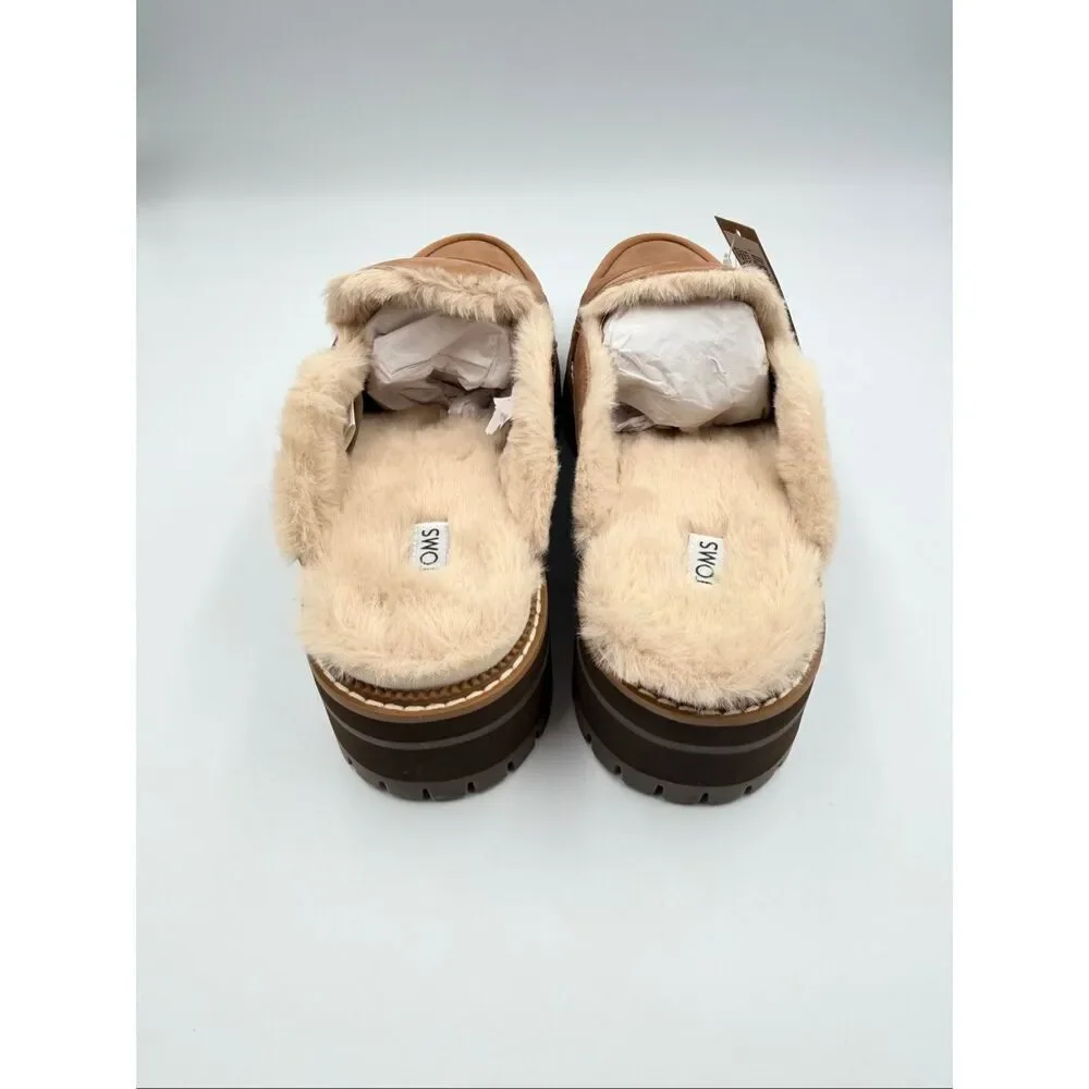 NIB TOMS Women's Cara Cozy Fur Lined Lug Sole Tan Suede Loafer Mule size 8.5